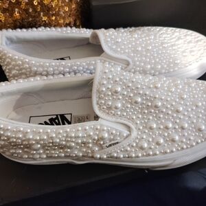 Vans Women's Customized Pearl-Studded White Slip-On Sneakers